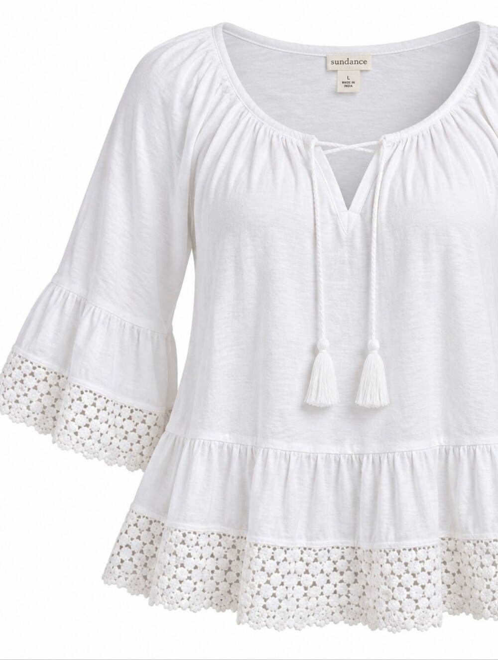 SUNDANCE | White Cotton Crochet Lace Tiered Bell Sleeve Peasant Swing Blouse | L